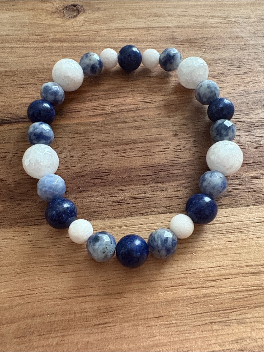 Handmade Beaded Stretch Bracelet w/ Lapis Lazuli, Quartz, & Blue Sodalite